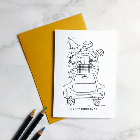 Colour in Christmas Card Festive Car (Pack of 4)