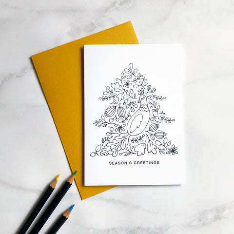 Colour in Christmas Card Bird in Tree (Pack of 4)