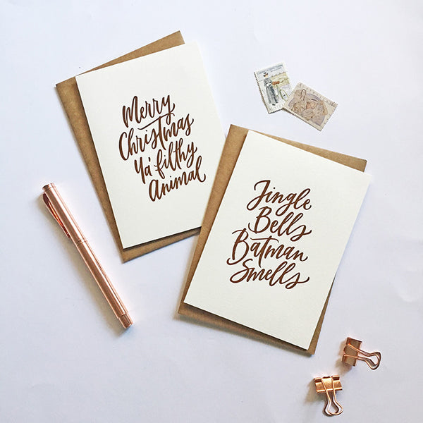 Christmas Cards hand lettered copper foil (Mixed pack of 4)